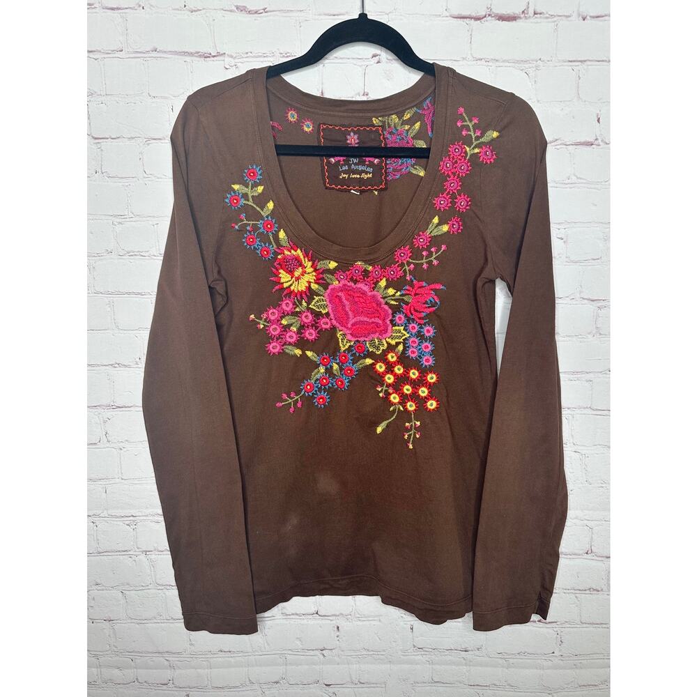 Johnny Was Brown Embroidered Long Sleeve Top Women's Medium